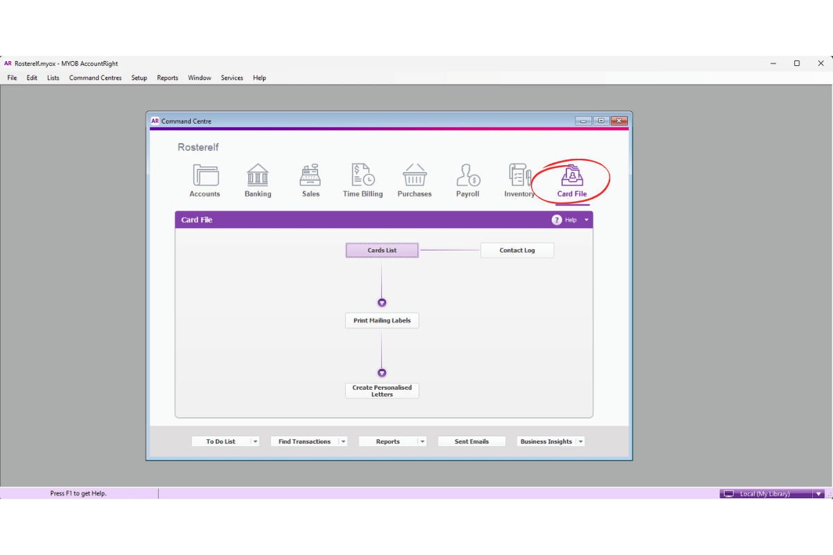 MYOB AccountRight Card File menu opened to link a payroll category to an employee