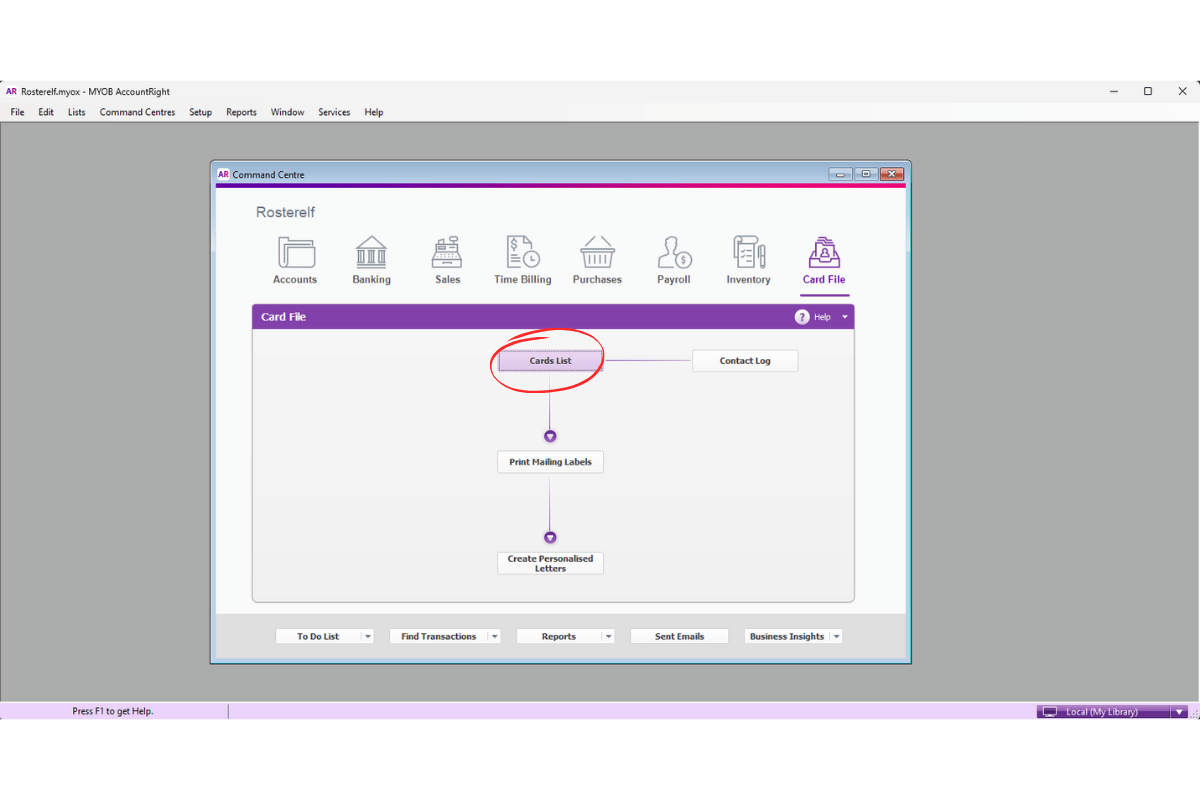 MYOB AccountRight Card List option chosen to open an employee for payroll category linking