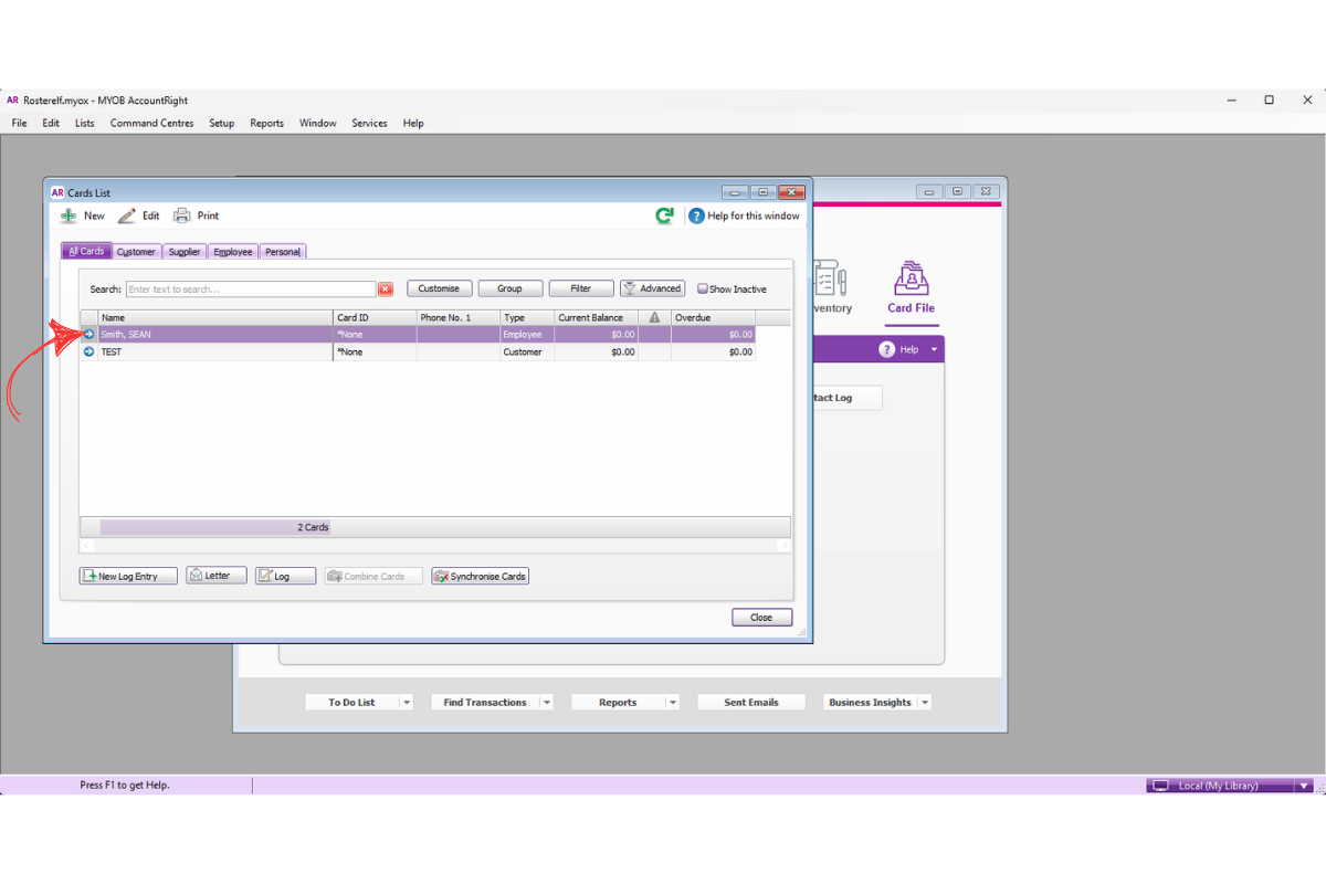 MYOB AccountRight employee profile selected from the Card List