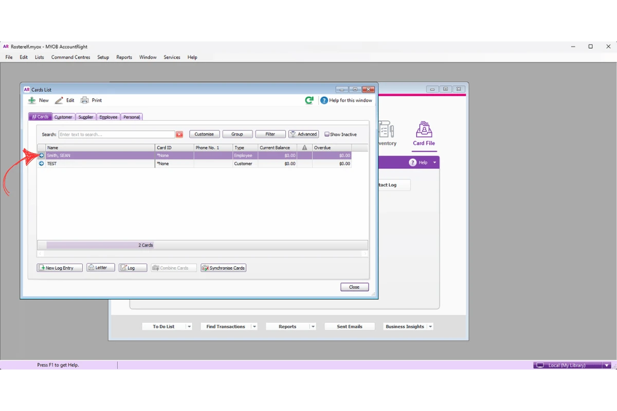 MYOB AccountRight employee profile selected from the Card List