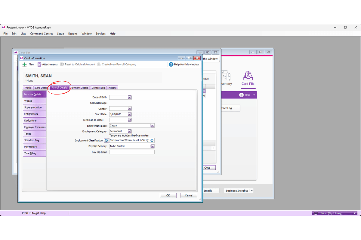 MYOB AccountRight employee profile showing the Payroll Details tab