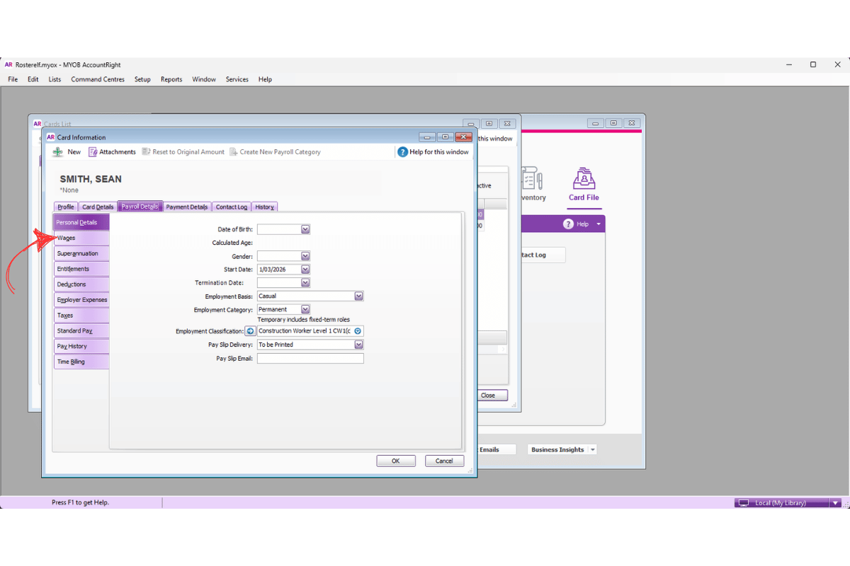 MYOB AccountRight Payroll Details with the Wages section open