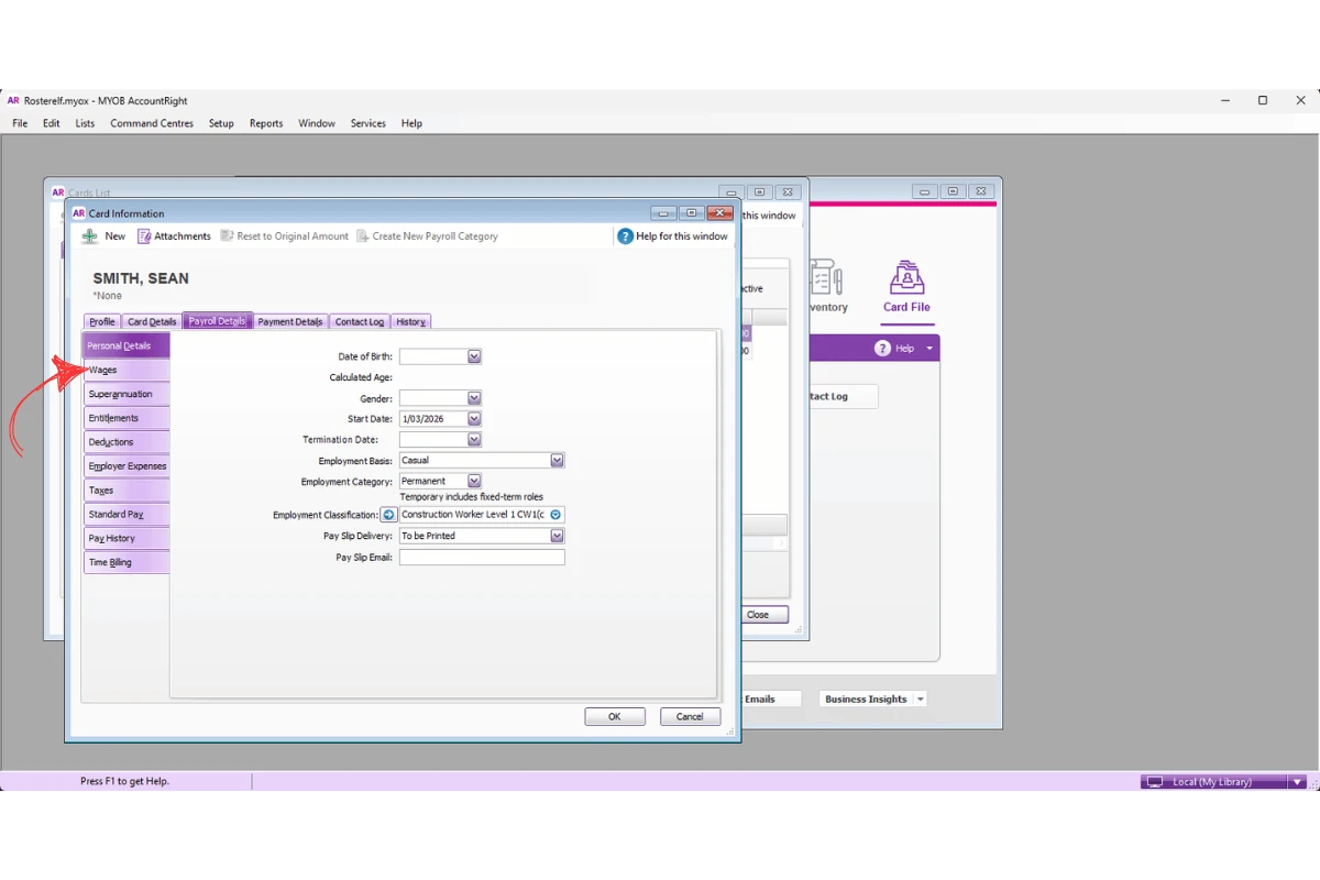 MYOB AccountRight Payroll Details with the Wages section open