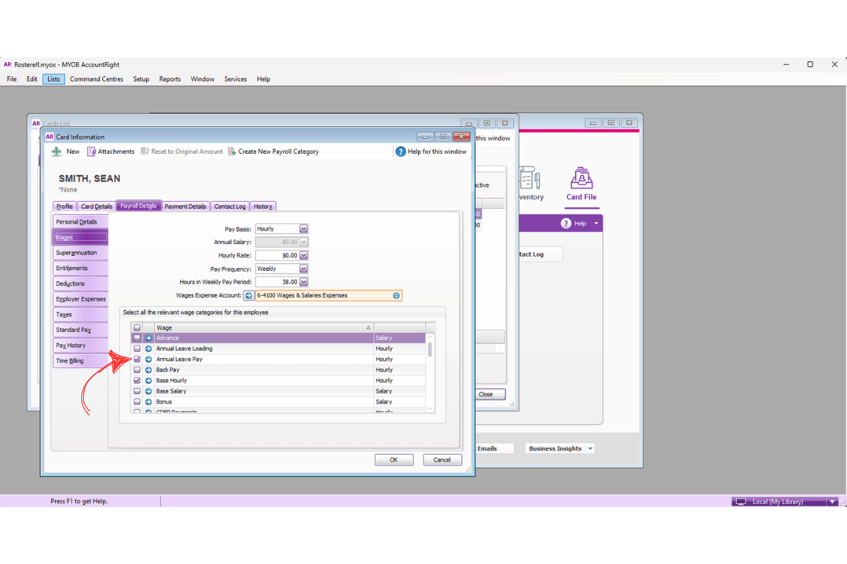 MYOB AccountRight Wages section showing payroll category checkboxes for the employee