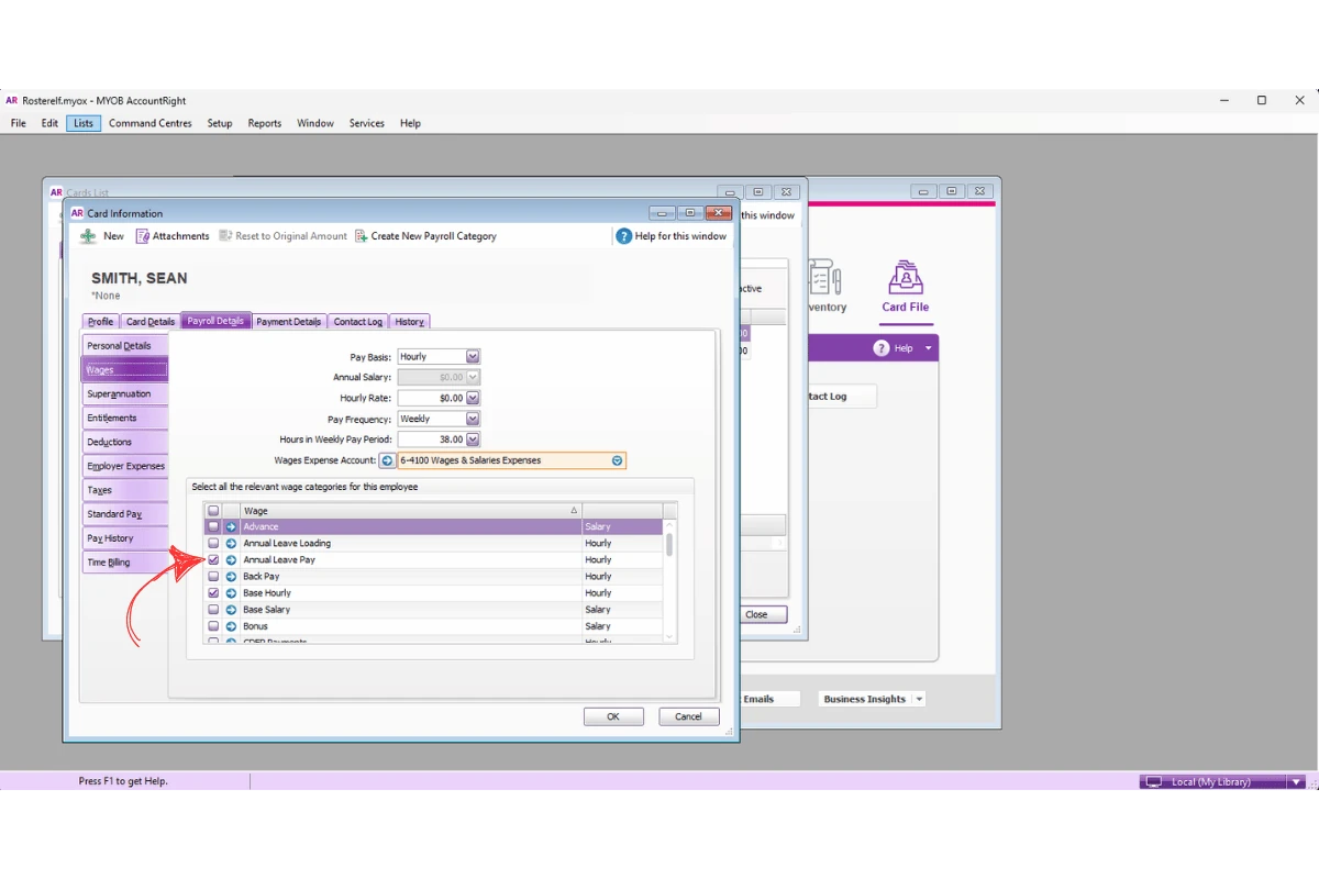 MYOB AccountRight Wages section showing payroll category checkboxes for the employee