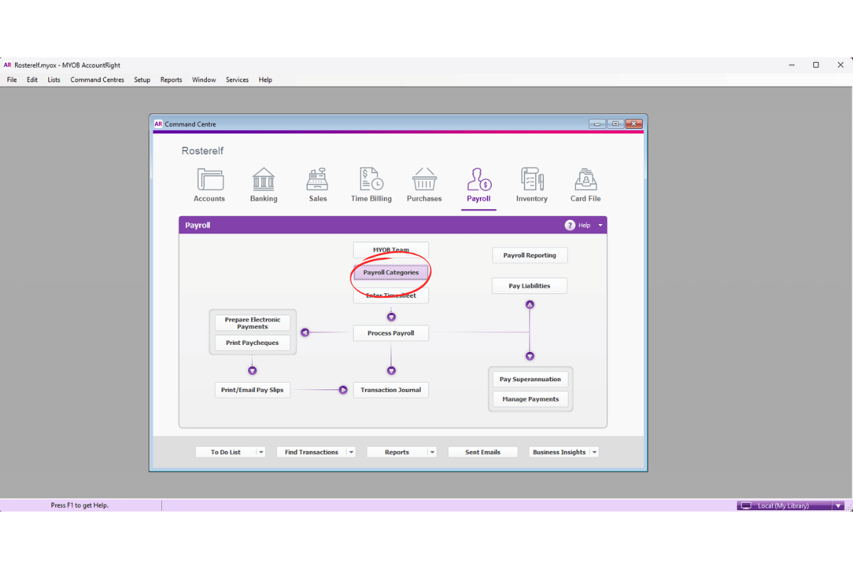 MYOB AccountRight Payroll Categories option opened to verify an hourly wage category