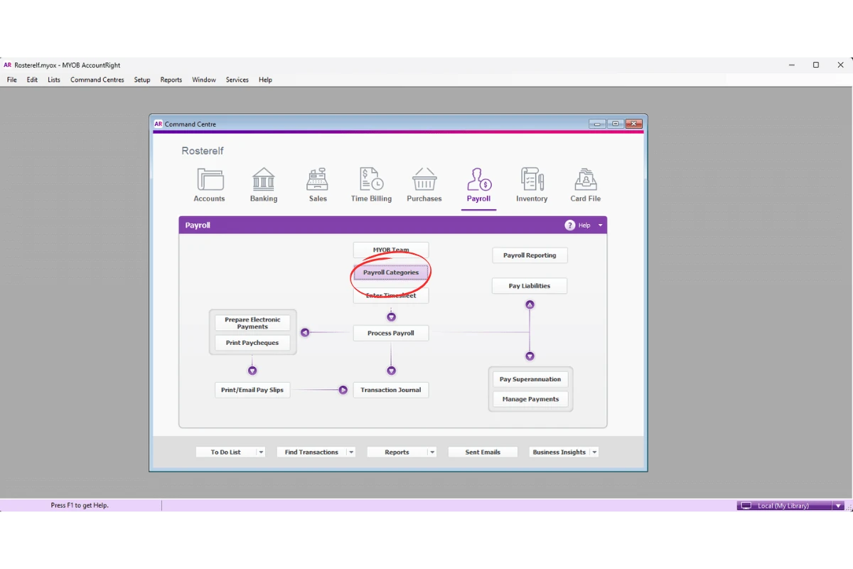 MYOB AccountRight Payroll Categories option opened to verify an hourly wage category