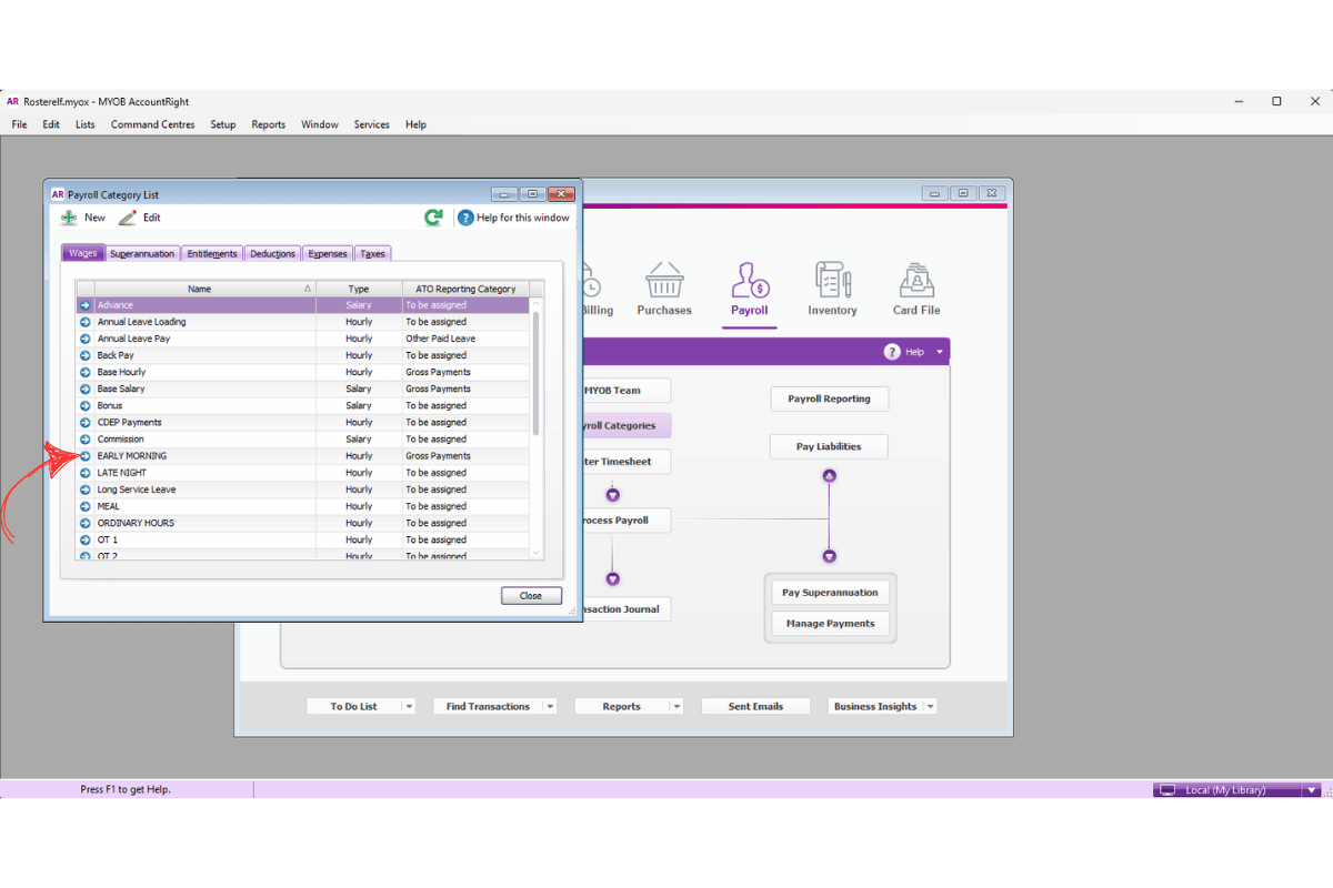 MYOB AccountRight payroll category detail page showing category settings