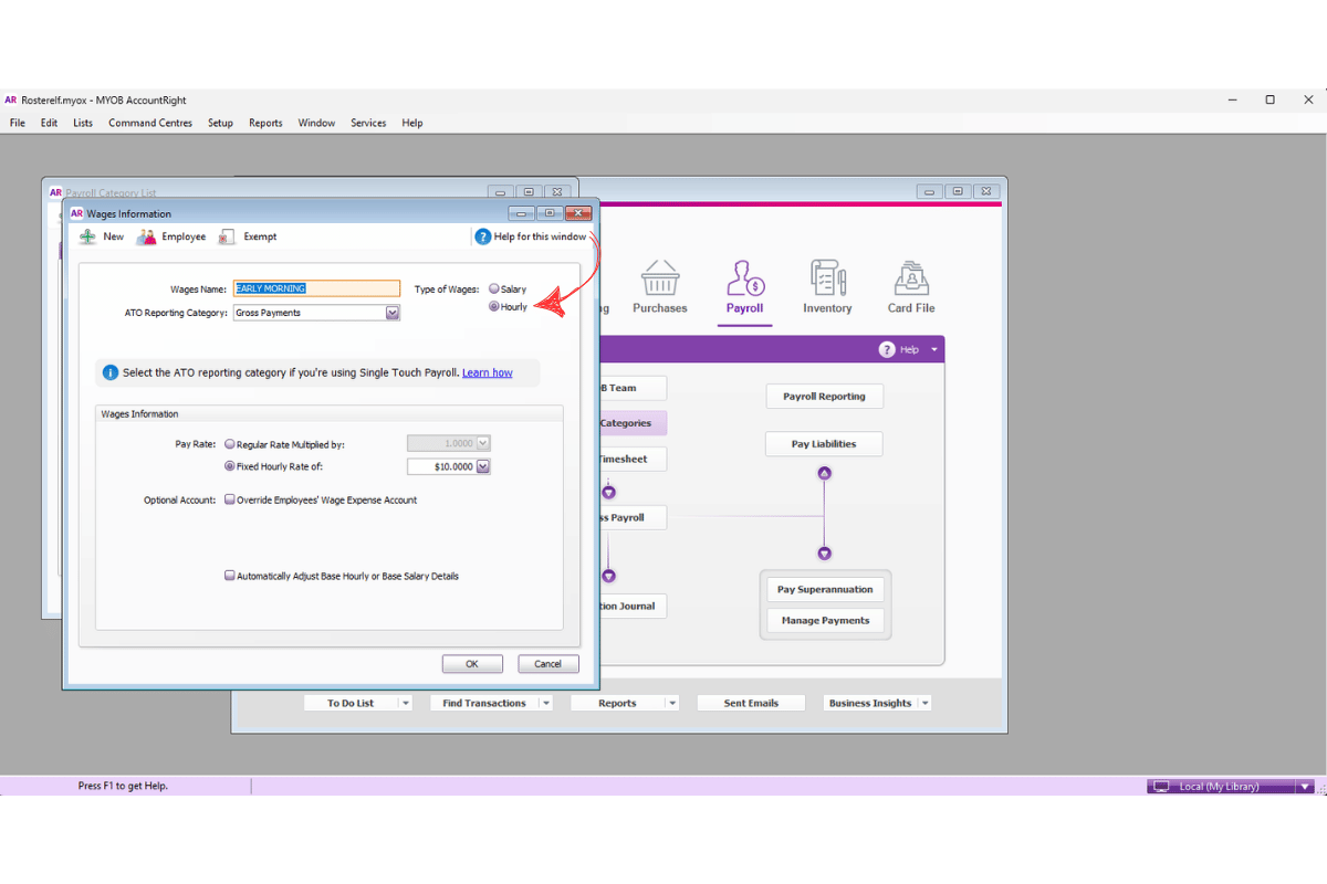 MYOB AccountRight payroll category type field set to Hourly