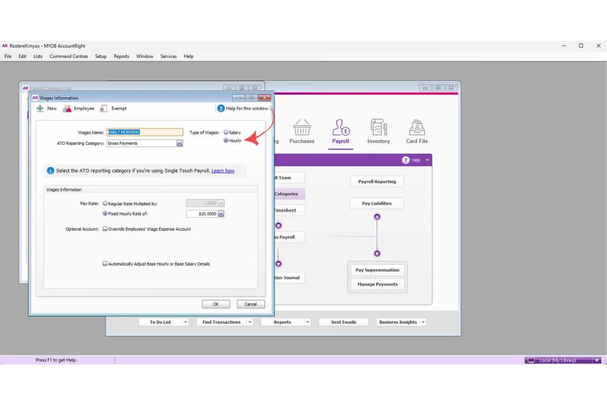 MYOB AccountRight payroll category type field set to Hourly