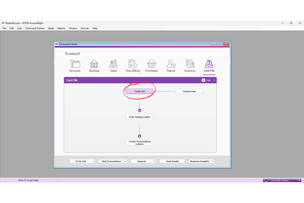 MYOB AccountRight Card List option chosen to open the employee card for name checking