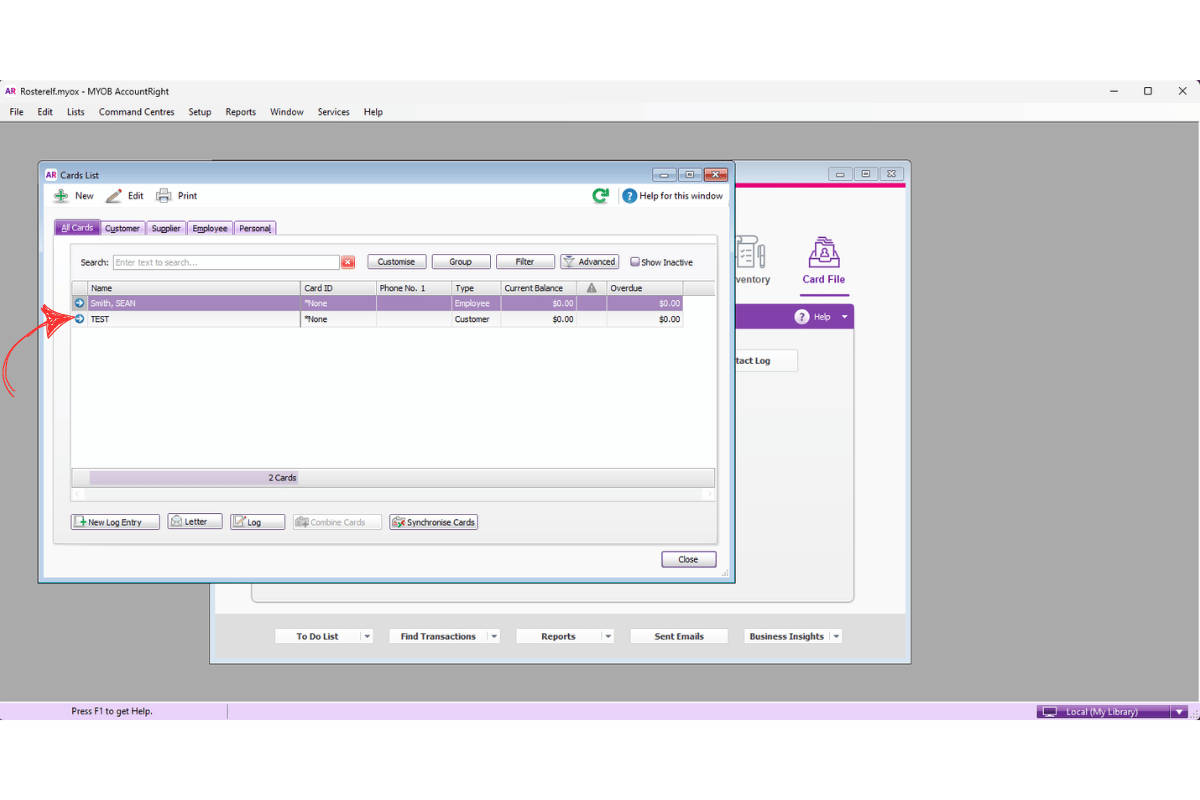 MYOB AccountRight Employee tab selected in the Card List to find the employee name