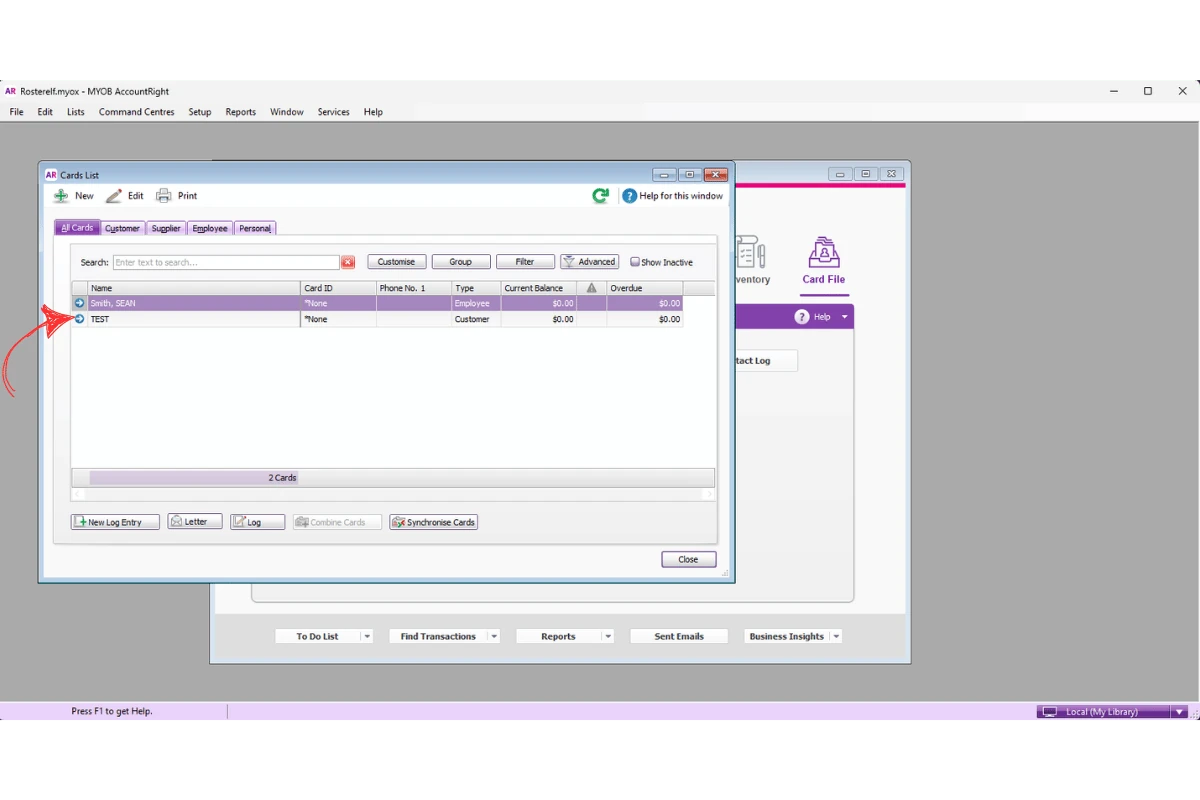 MYOB AccountRight Employee tab selected in the Card List to find the employee name