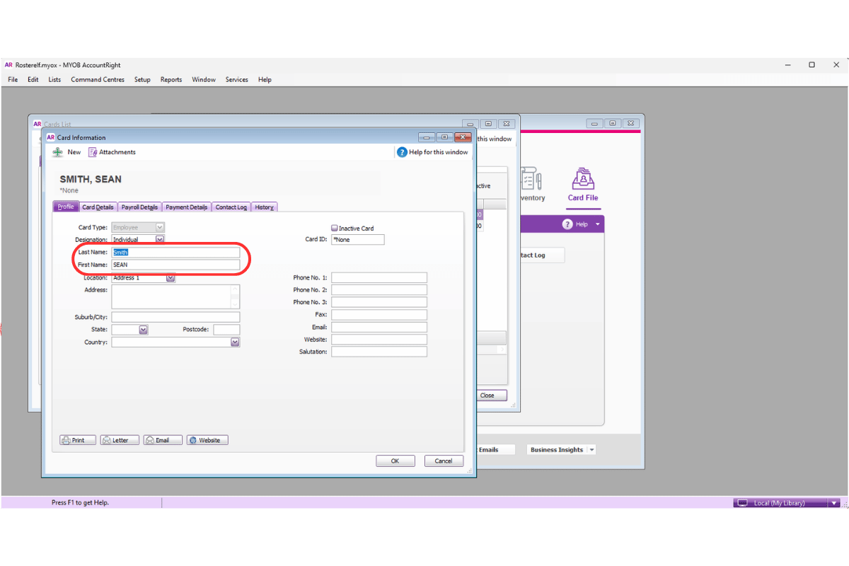 MYOB AccountRight employee name field showing the exact name to verify against RosterElf