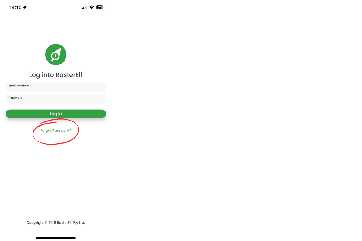 RosterElf app login screen with Forgot password link