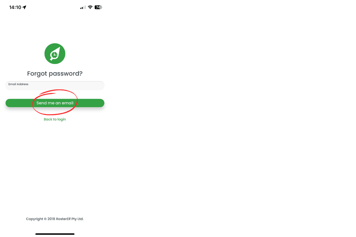 Password reset form on smartphone app