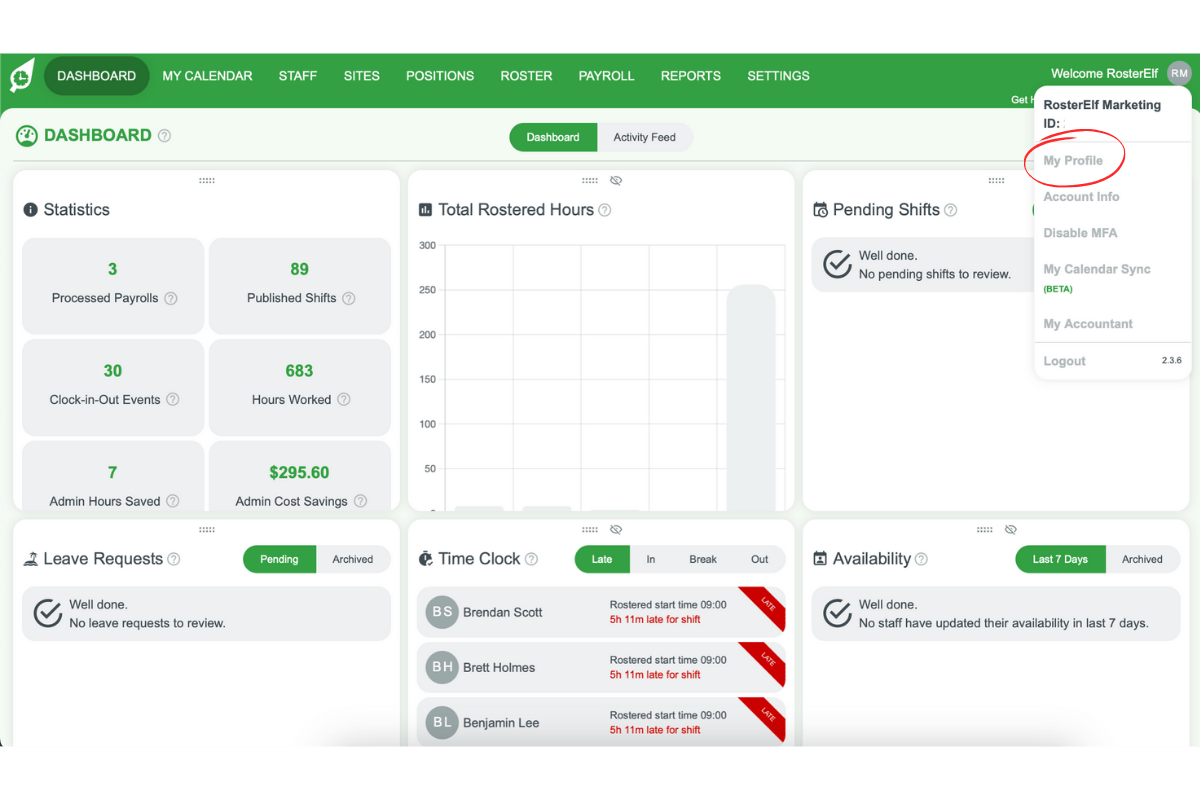 My Profile section in RosterElf