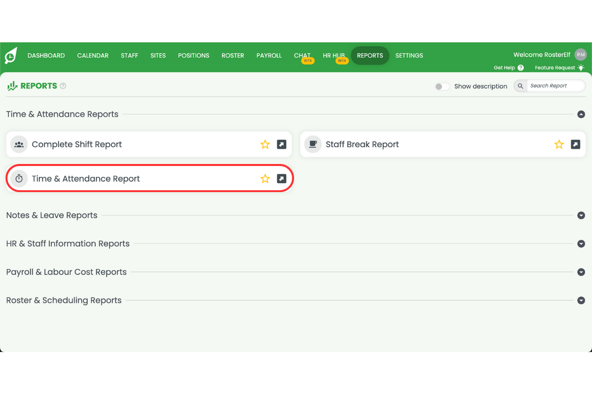 Screenshot showing the to open the report in RosterElf