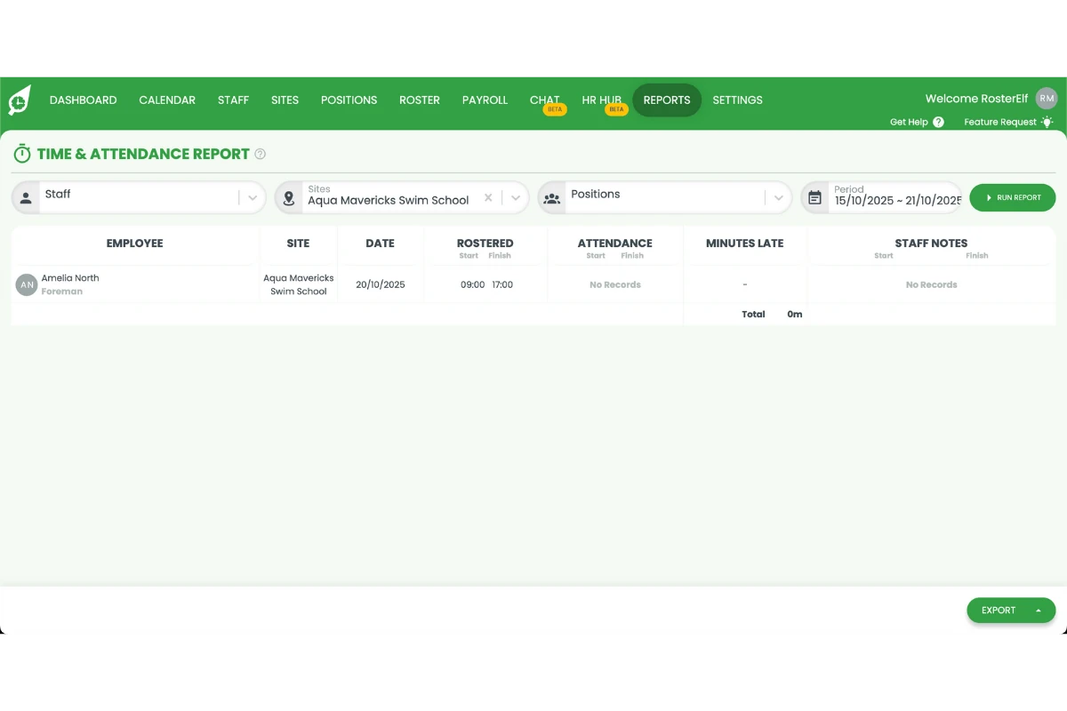RosterElf attendance report filters adjusted to refine results