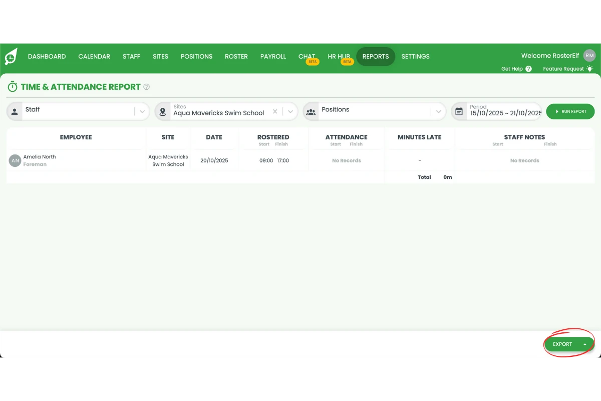 RosterElf attendance report with the Export button for recordkeeping