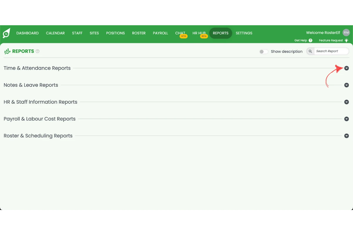 RosterElf report list with Time and Attendance Report searched