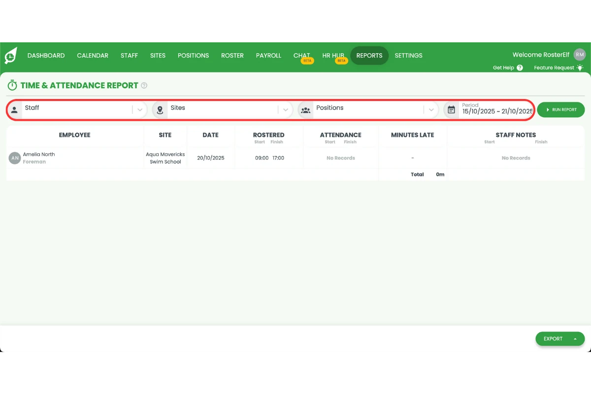 RosterElf attendance report filters for date range, sites, and staff