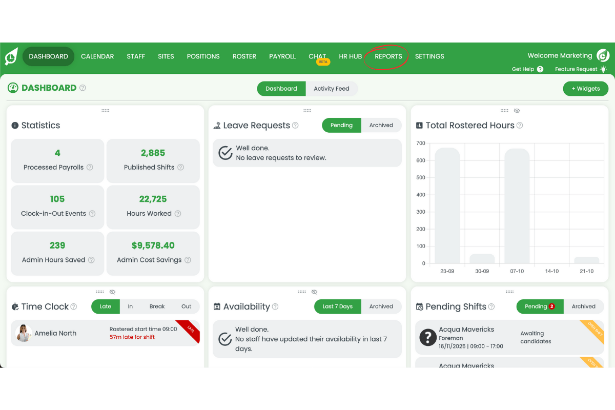 Staff management interface in RosterElf