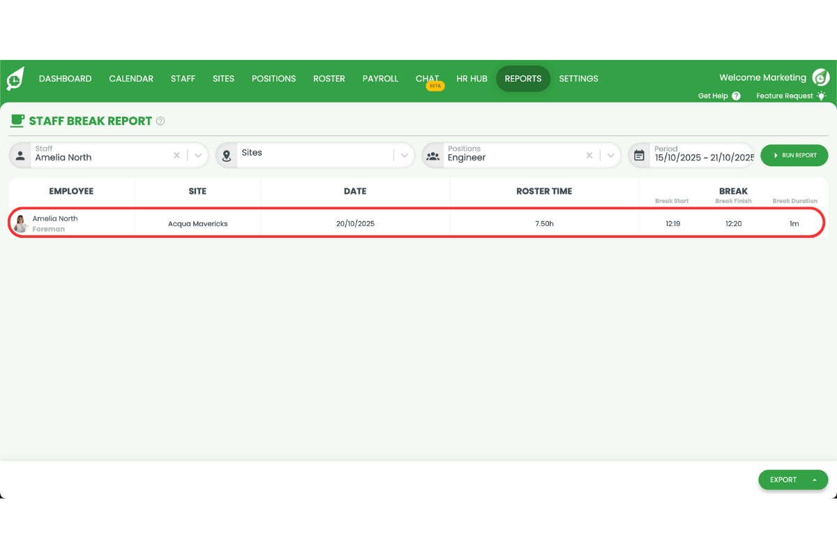 Staff management interface in RosterElf