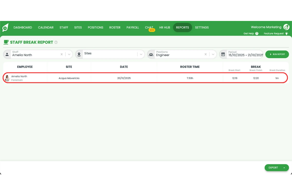 Break data with start and end times in the RosterElf report
