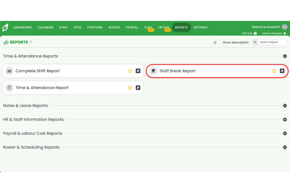 Staff Break Report page open in RosterElf