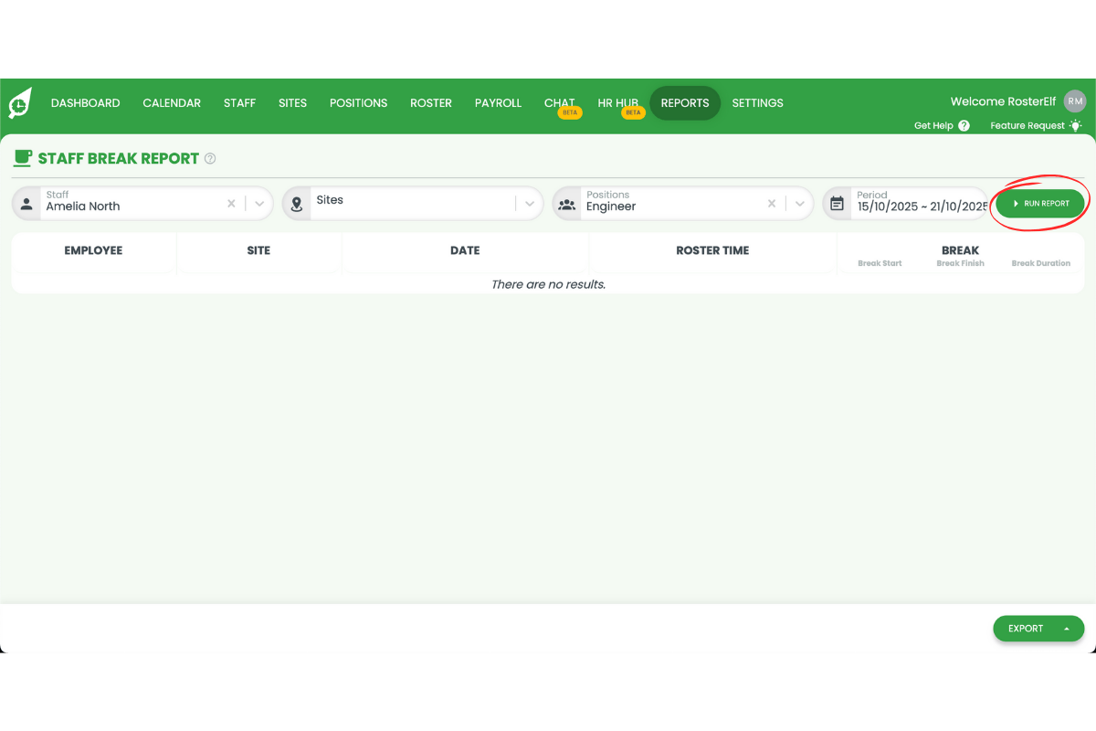 Staff management interface in RosterElf