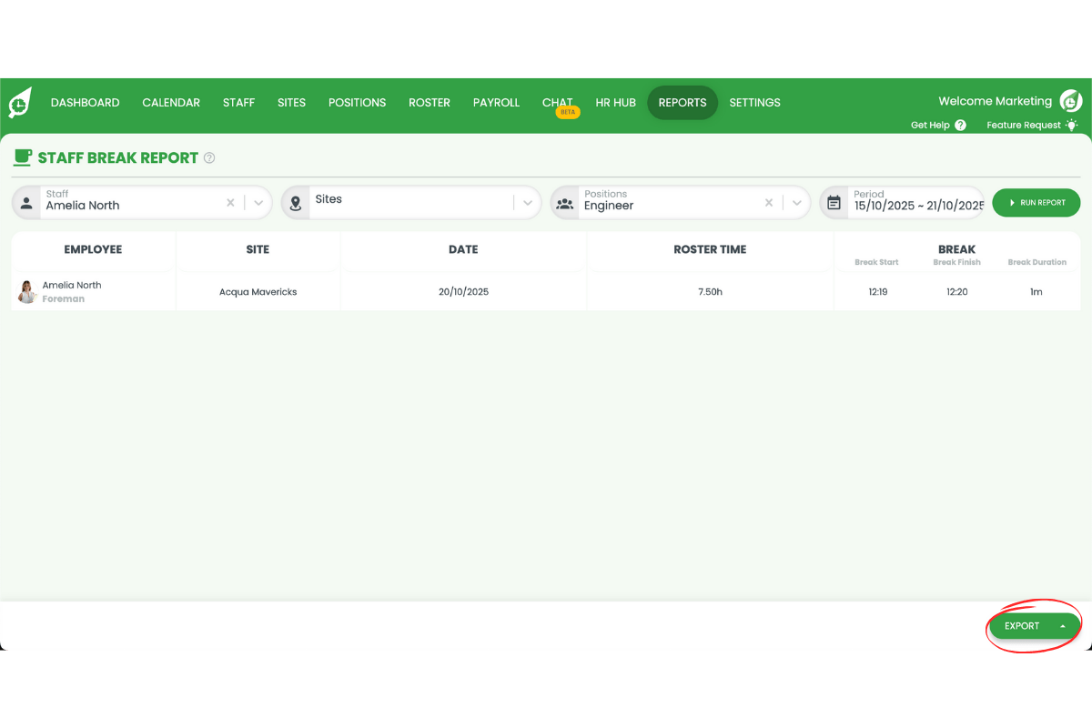 Staff management interface in RosterElf
