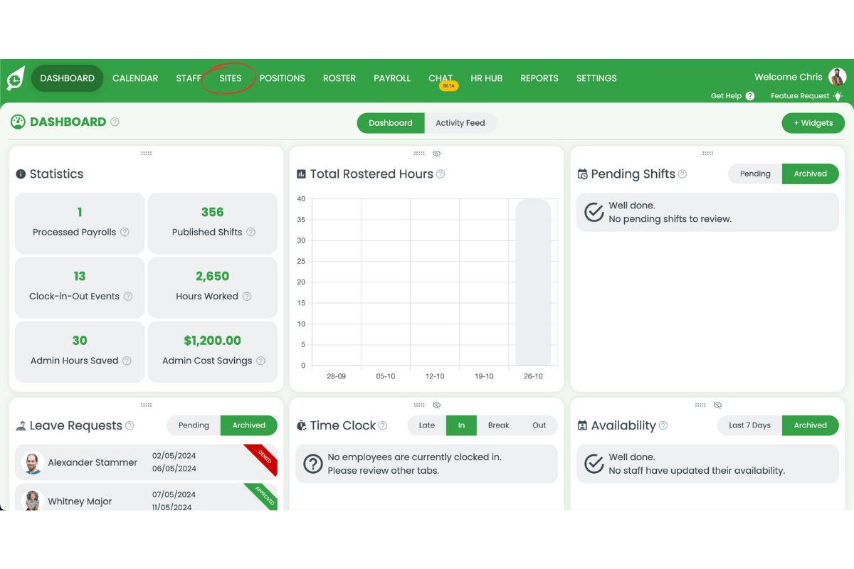 Screenshot showing the sites tab in RosterElf