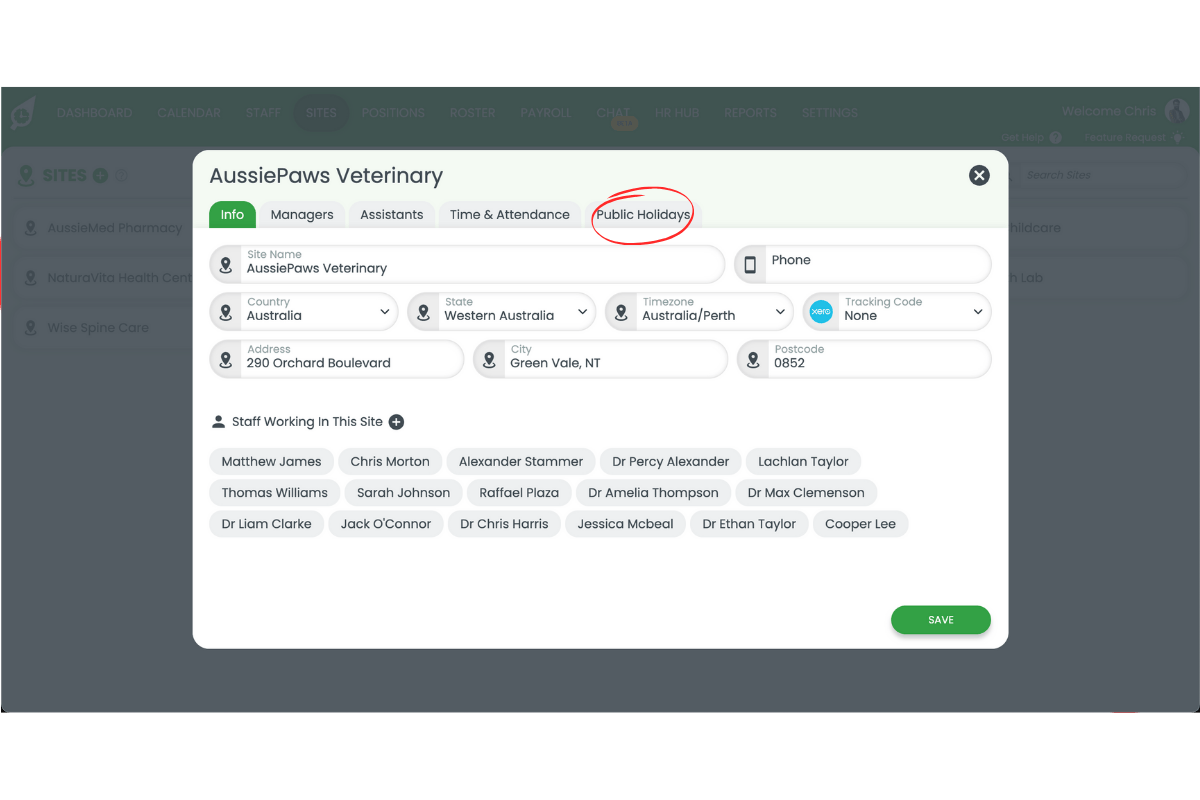 Screenshot showing the public holidays in RosterElf
