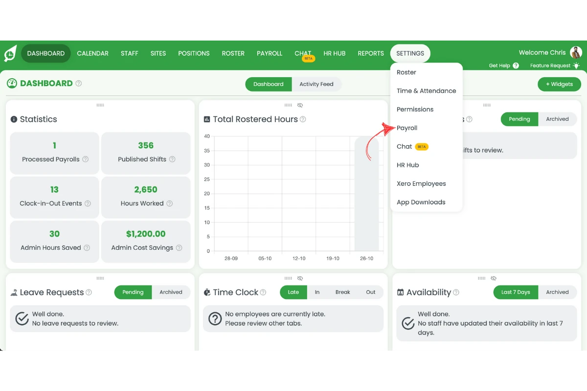 RosterElf Settings menu with Payroll selected to review pay templates