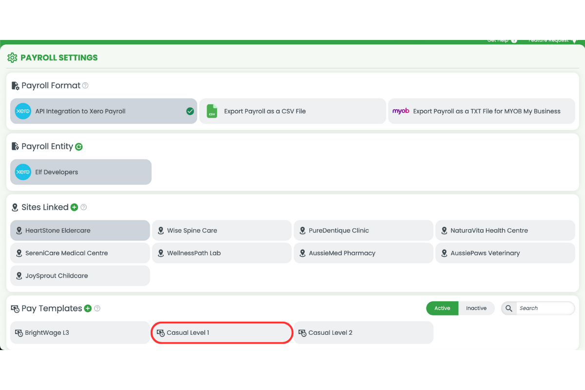 Screenshot showing the your pay template in RosterElf