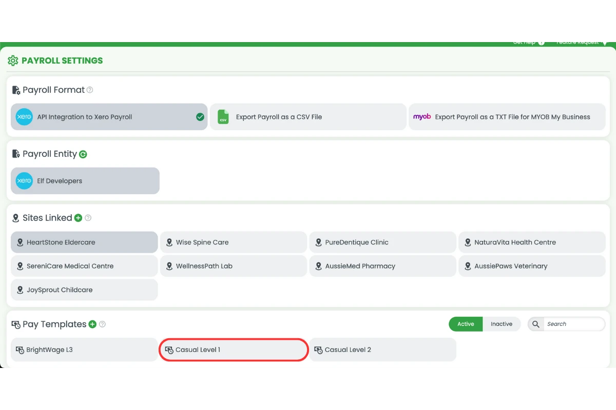 Screenshot showing the your pay template in RosterElf