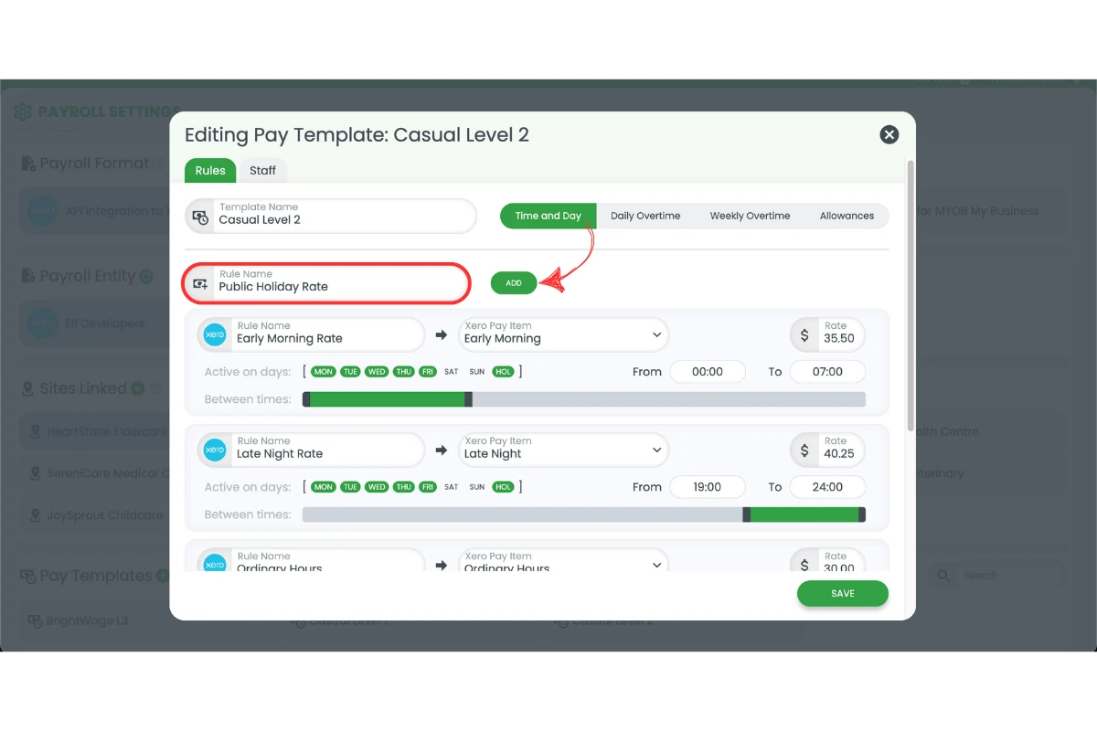 RosterElf pay rules with the public holiday rate and Add rule button