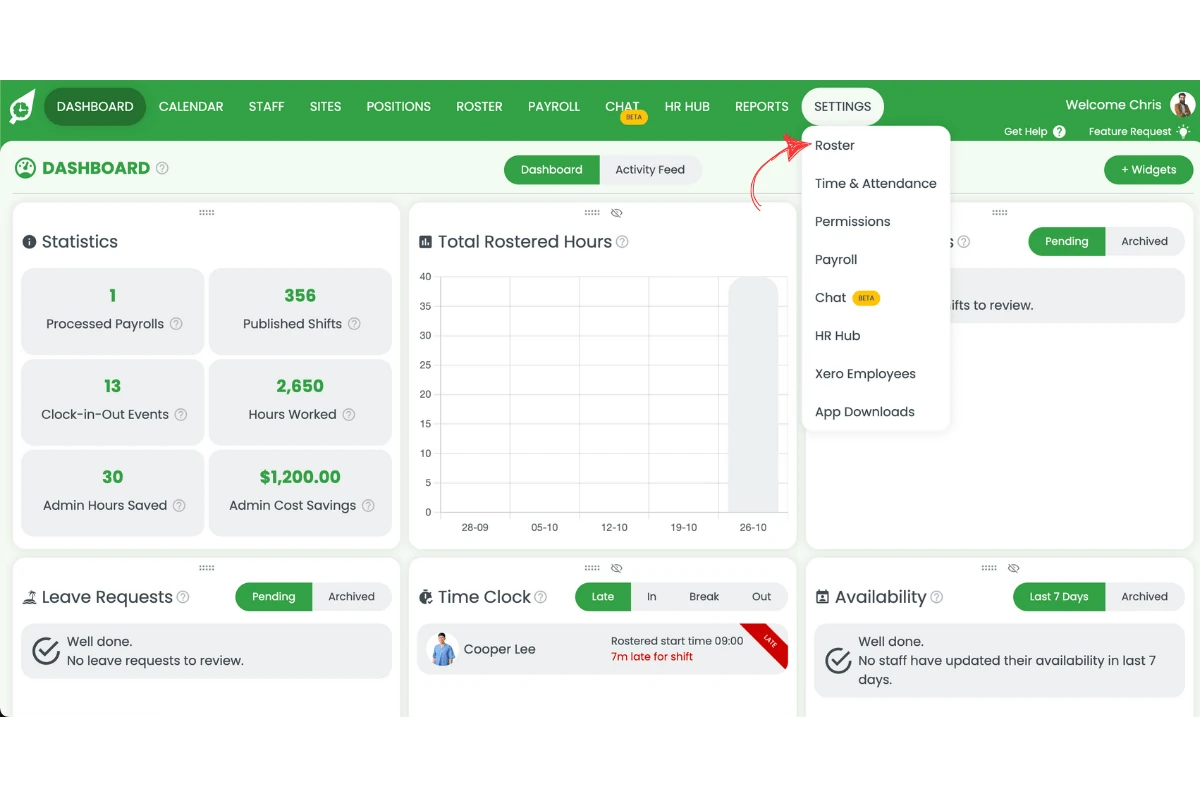 RosterElf Settings with Roster selected to enable open shifts