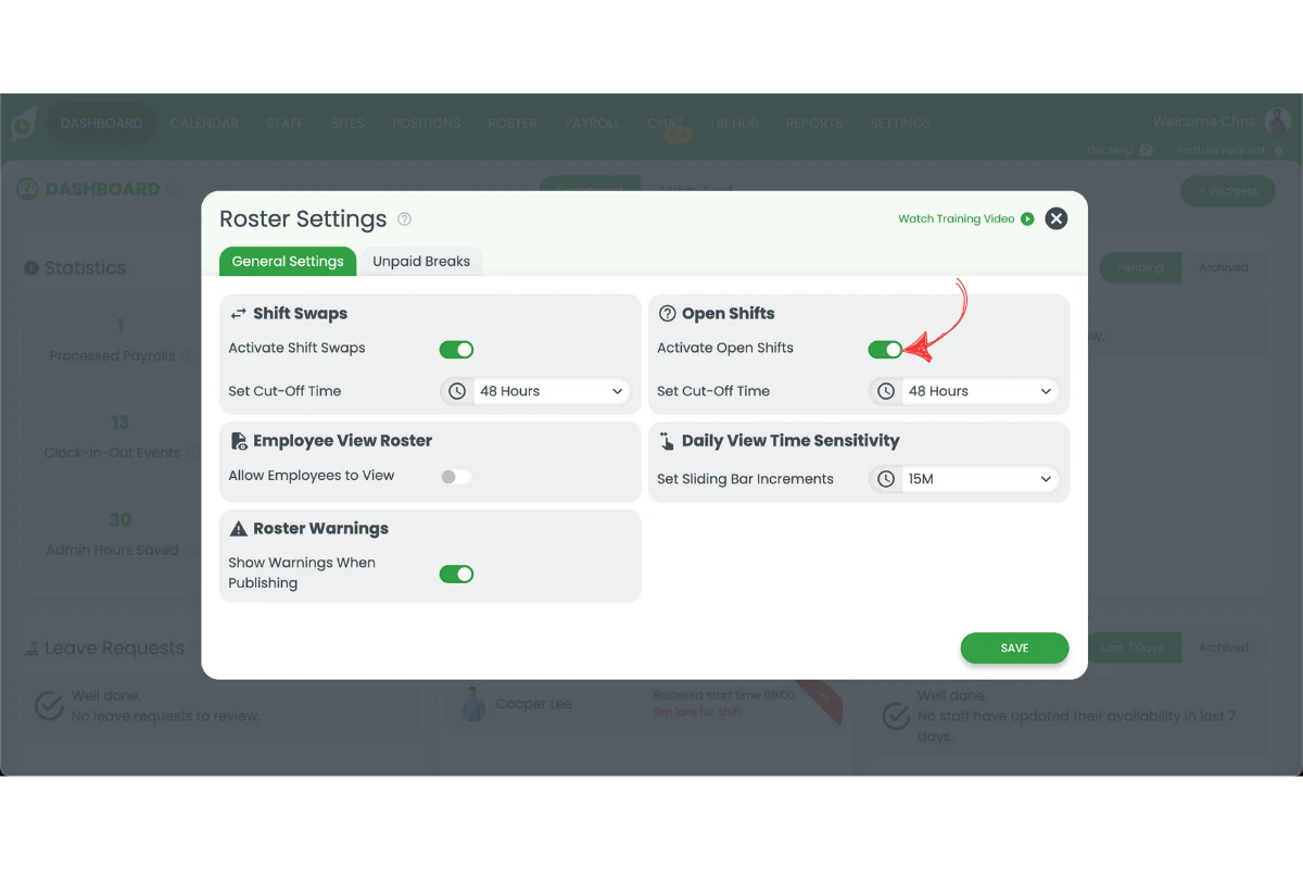RosterElf roster settings with the Open shifts toggle switched on
