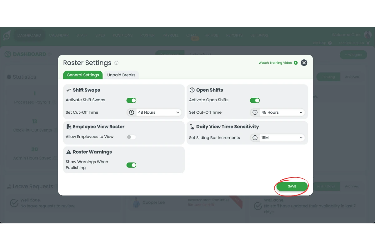 RosterElf roster settings with the Save button for open shifts