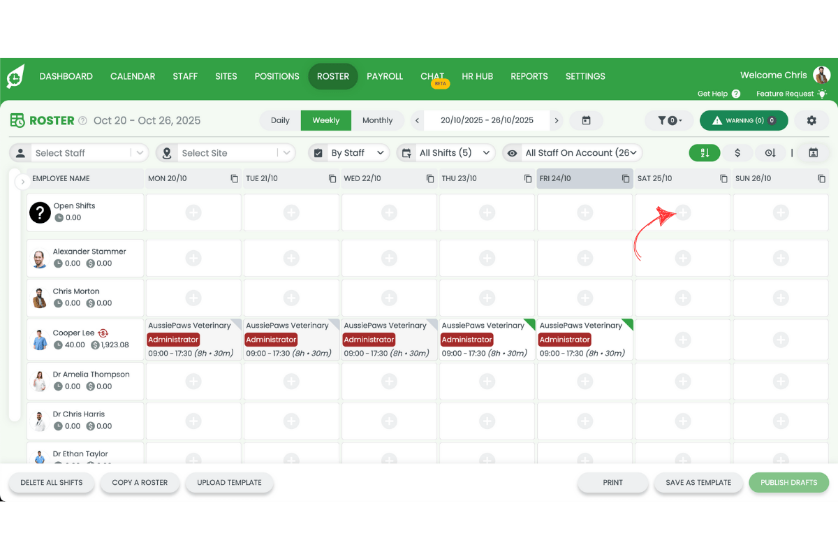 Screenshot showing the add a shift under the open shift section in RosterElf