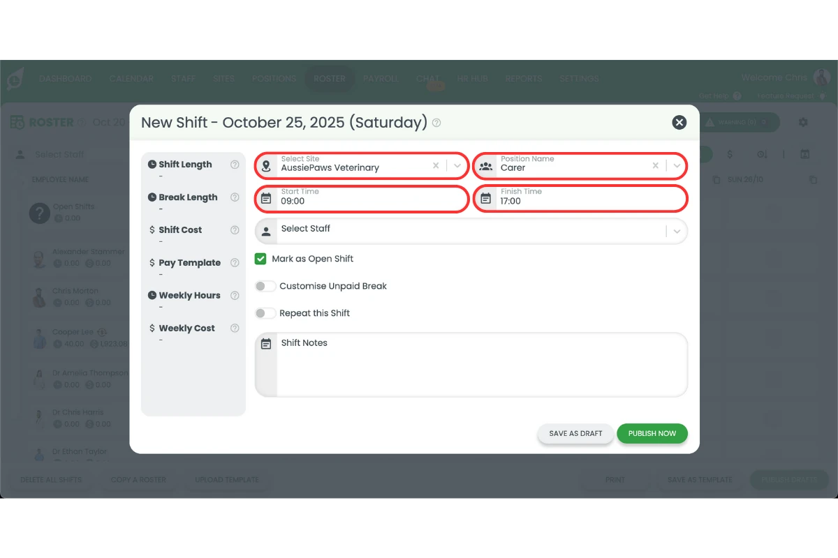 RosterElf shift editor with the shift details entered