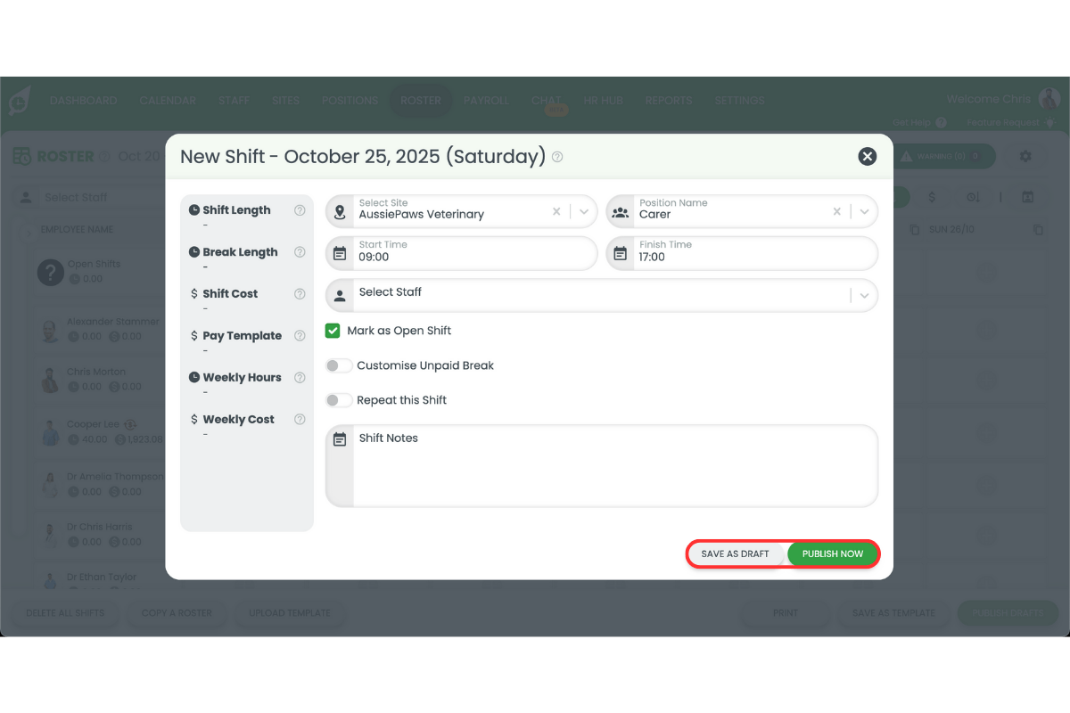 Saving changes in RosterElf