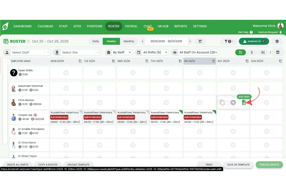 RosterElf shift editor opened via Edit to make a shift open