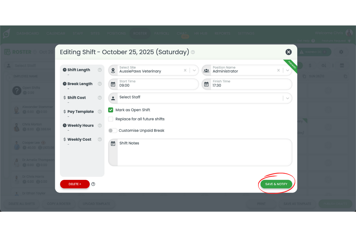 Saving changes in RosterElf