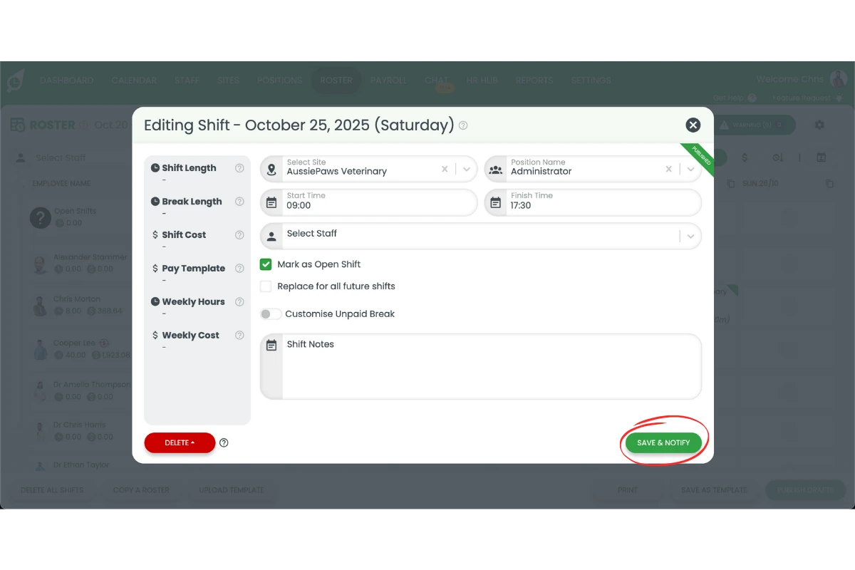 RosterElf shift with the Save and Notify button for an open shift