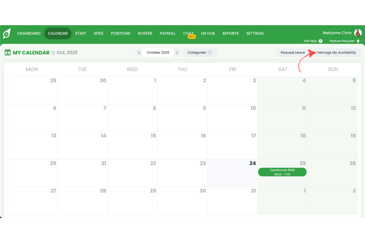 Screenshot showing the manage availability in RosterElf
