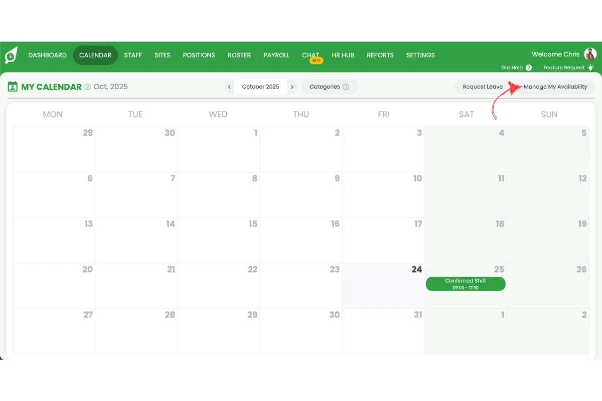 Screenshot showing the manage availability in RosterElf