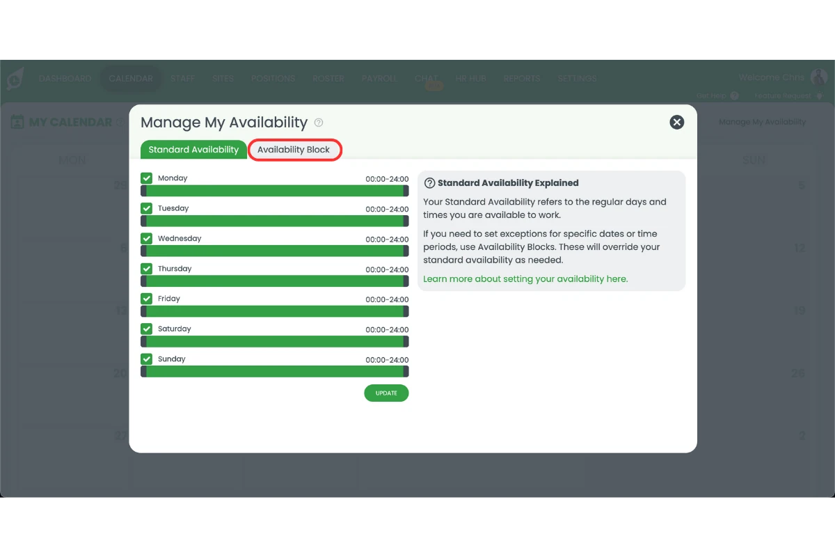 RosterElf app with an availability block selected